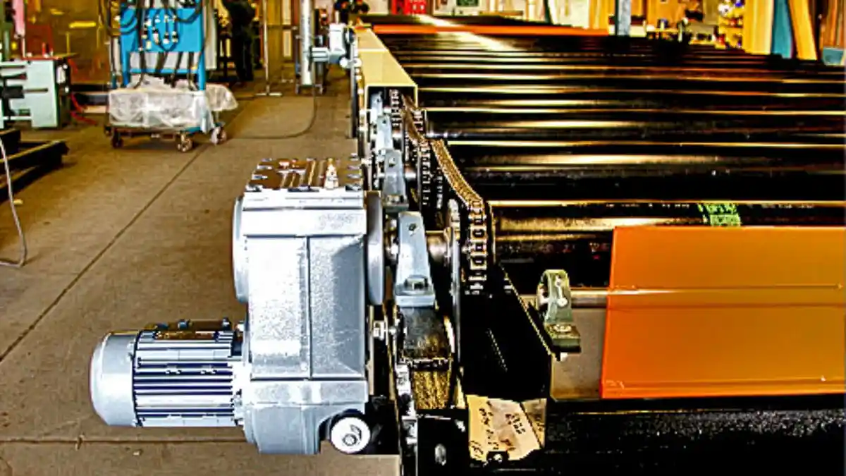 Chain-driven live roller conveyor system handling heavy steel loads in high-temperature industrial environment