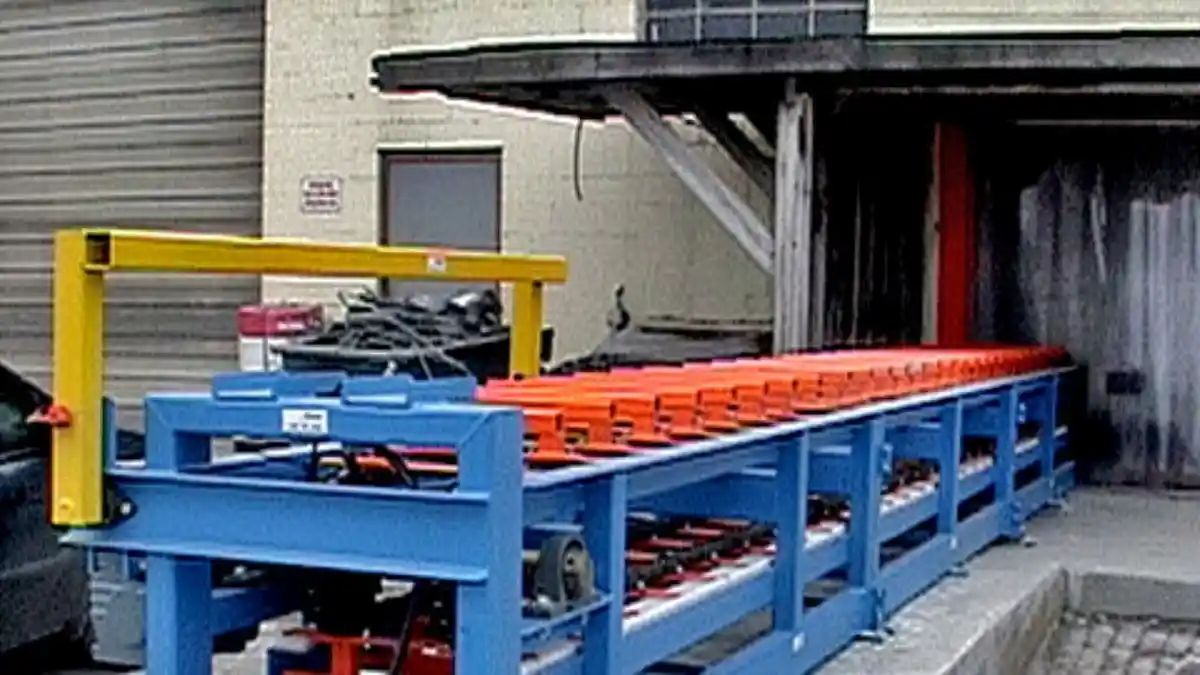 Heavy-duty conveyor system transporting cement blocks and paving stones through palletizing and strapping stations
