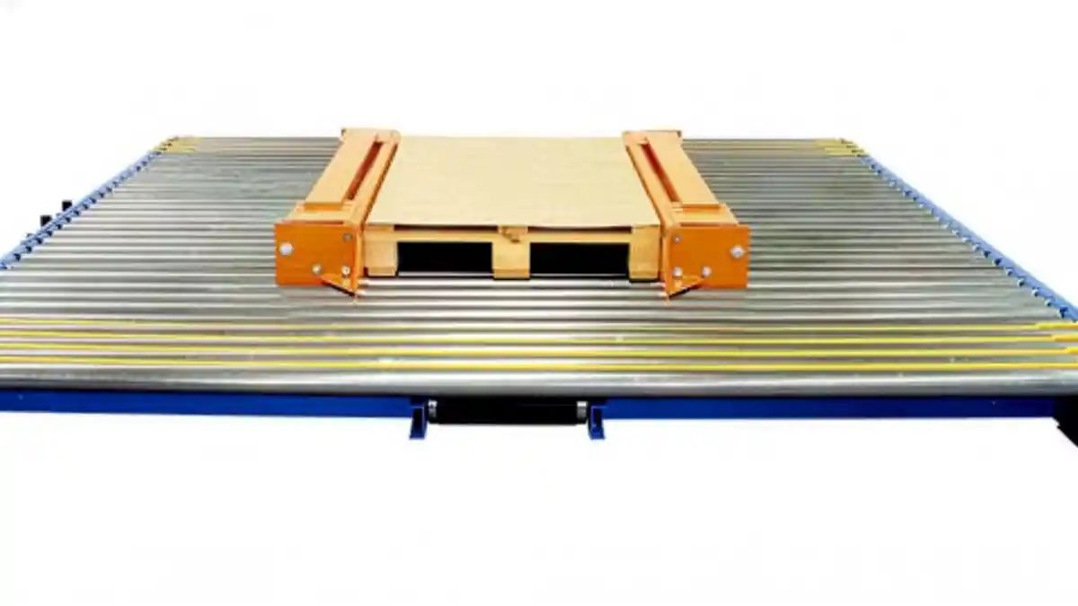 Pallet centering device with side pushers squaring loads on conveyor before strapping station