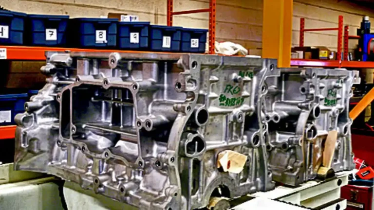 Custom conveyor system positioning engine blocks and gear housings with integrated part identification stations