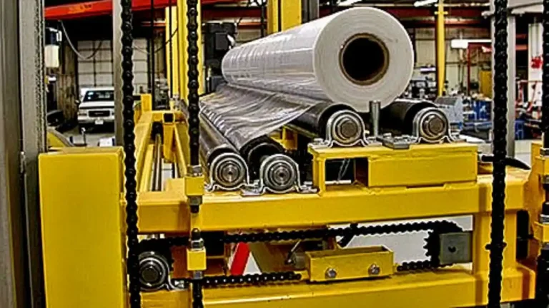 Conveyorized stretch wrapping system with turntable wrapper and integrated pallet infeed conveyors