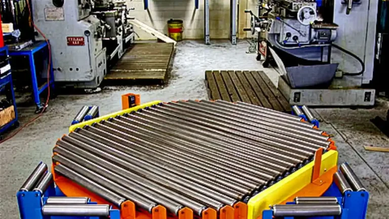 Heavy-duty conveyor turn table with chain driven roller deck rotating pallets between production lines