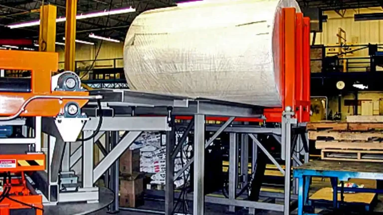 Roll upender rotating large paper roll from horizontal to vertical position with cushioned stops