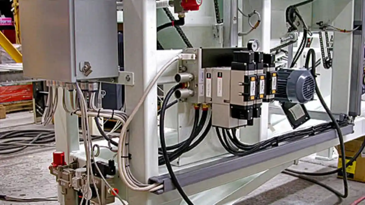 Pre-wired conveyor equipment with organized cable routing and pneumatic piping for systems integration